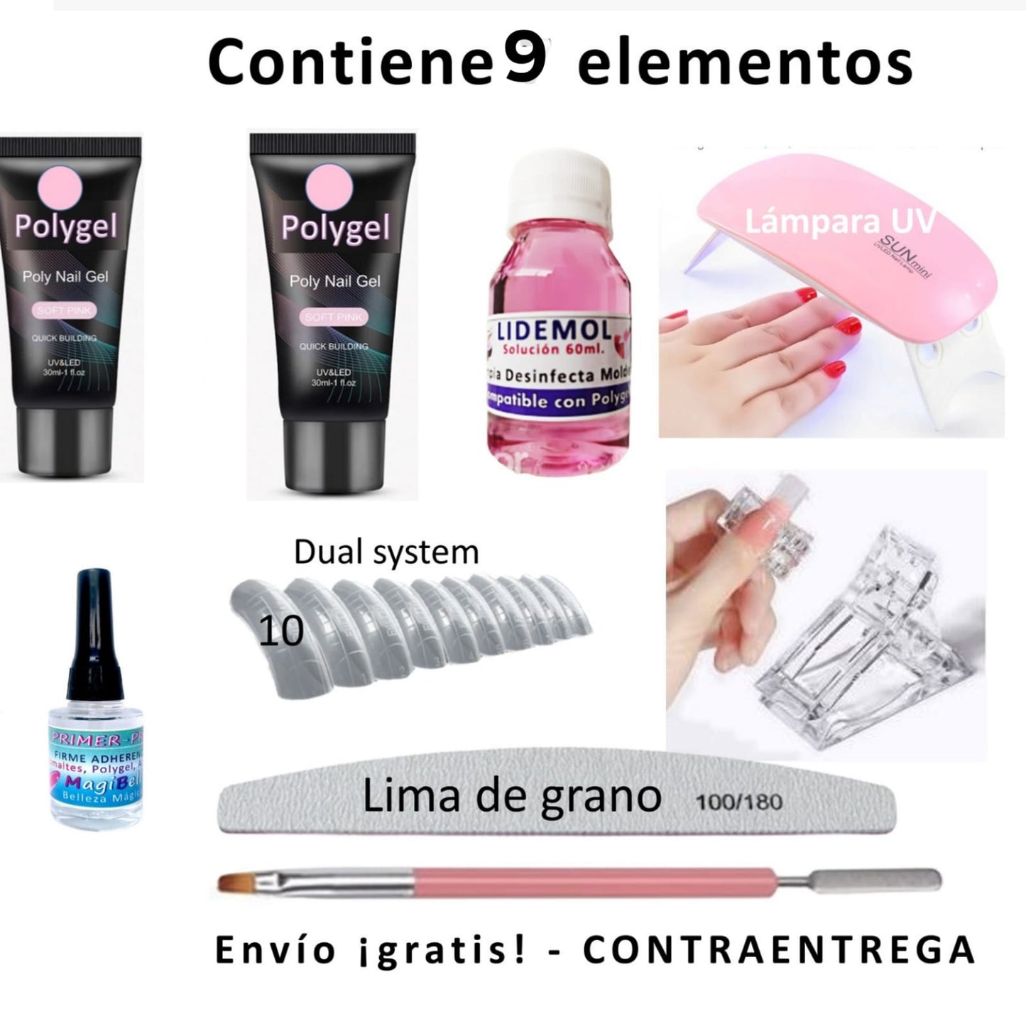 Kit poly gel 9 elementos (Lampara UV,Polygel,Lidemol,Lima de grano,Systema Dual x10)